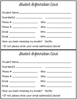 4x6 note cards for parent/guardian contact information, printed and then  bound for quick reference.