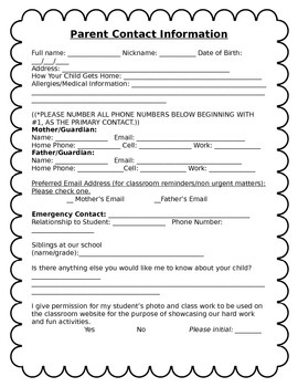 Parent Contact Information Sheet Worksheets Teaching Resources Tpt