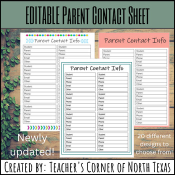 Preview of EDITABLE Parent Contact Information Sheet