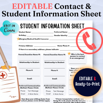 Preview of Parent Contact Information Sheet, Emergency Contact Form, Student Information