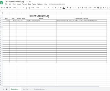 Preview of Parent Contact Log - Excel or Google Sheets