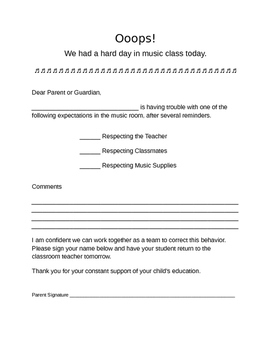 Preview of Parent Contact Note for Music Class