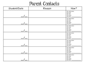 Preview of Parent Contact Record Sheet Freebie