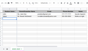 Preview of Parent Contact Spreadsheet