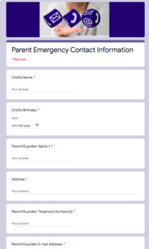 Preview of Parent Emergency Contact Information/Card- Google Form - Distance Learning