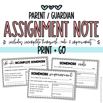 Preview of Parent/Guardian Assignment Notes | Incomplete Homework, Rushed Work + more