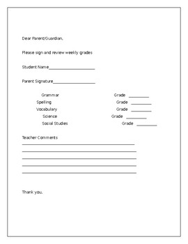 Preview of Parent/Guardian Weekly Grade Notification Sheet to Parents