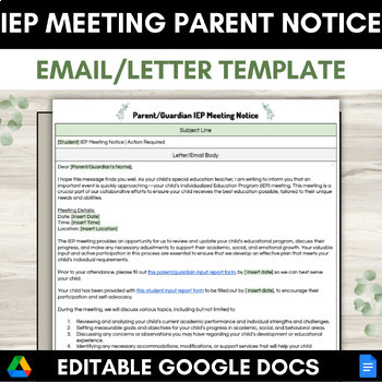 Preview of Parent IEP Meeting Notice Editable Email Letter Template for Special Education