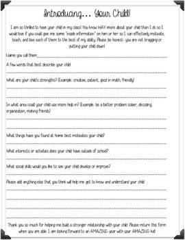 Parent Information Meeting- Survey About Child- Relationship Building