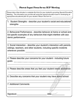 Preview of Parent Input Form for IEP Meetings