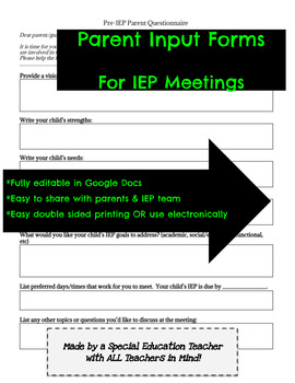 Preview of Parent Input for IEP Meeting / Pre-IEP Parent Questionnaire *Fully Editable*