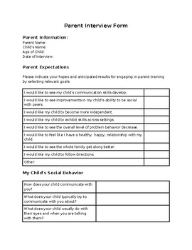 Preview of Parent Interview Form - Behavior Analysis, ACT, Parent Training, ABA, social
