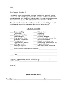 Preview of Parent Letter Home - Concerns About Student (Letter to Parents)