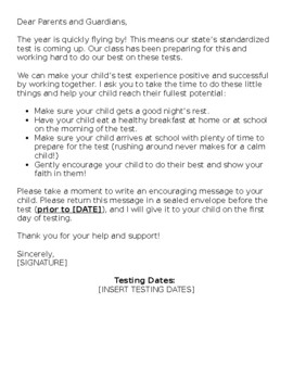 Preview of Parent Letter of Encouragement for Standardized Test