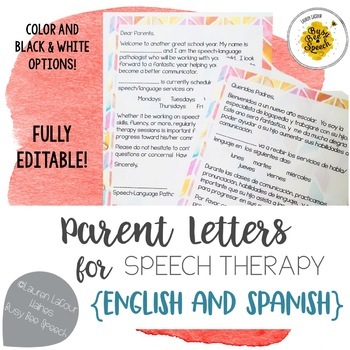 Preview of Parent Letters for Speech Therapy in English & Spanish | EDITABLE