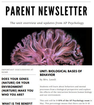 Preview of Parent Newsletter (AP Psych) | Biological Bases of Behavior *Editable