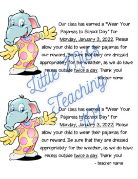 Preview of Parent Note Class Reward Pajama Day