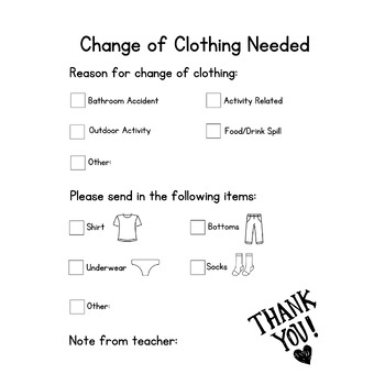 Parent Notices for Change of Clothes, Diaper Needs, and Potty Training