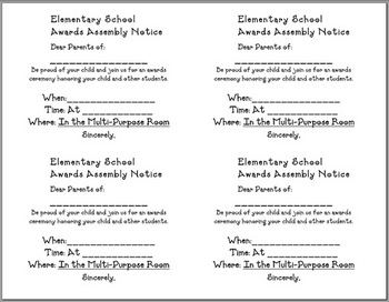 Preview of Parent Notification of Awards Assembly - slips (English & Spanish)
