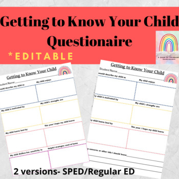 Preview of Parent Questionnaire “Getting to know your child” Editable*
