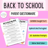 Parent Questionnaire -  Get to Know You Survey for Back to School