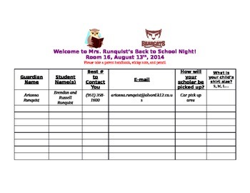 Preview of Back to School Night Sign-In Sheet