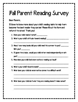 Parent Reading Survey by Kristine Schellenger | Teachers Pay Teachers