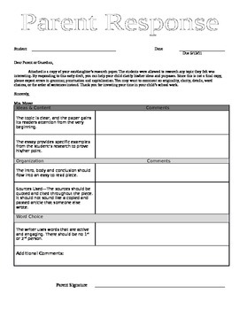Preview of Parent Response Form for Student Essay