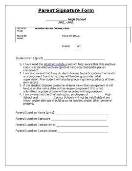 Preview of Parent Signature Form for Syllabus- Culinary Syllabus link included