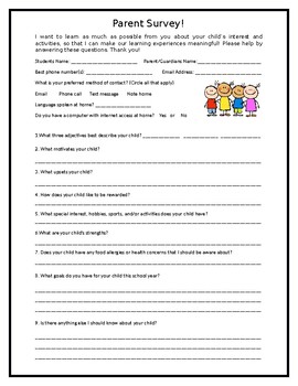 Preview of Beginning of Year Parent Survey