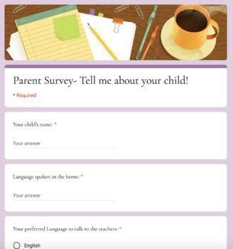Preview of Parent Survey- ENL/ESL Parents (Google Forms)