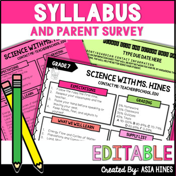 Preview of Editable Middle School Syllabus Template and Parent Survey Questionnaire