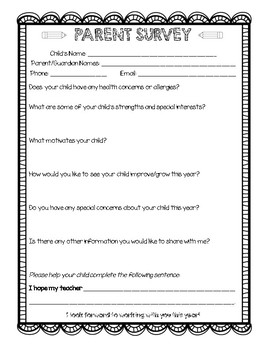 Preview of Parent Survey for Beginning of the Year