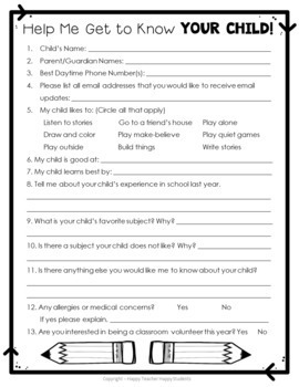 Parent Survey: Beginning of Year Parent Survey by HappyTeacherHappyStudents