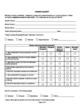 Preview of Parent Survey for Tutoring Program