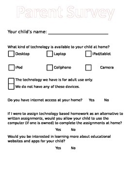 Preview of Parent Survey on Technology - EDITABLE