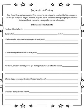 Preview of Parent Survey/Contact Information - English and Spanish