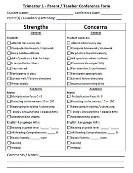 Preview of Parent Teacher Conference Form - ENGLISH/SPANISH - Strengths/Concerns-EDITABLE