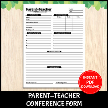 Preview of Parent Teacher Conference Form For Teachers | Student Progress, Meeting Notes