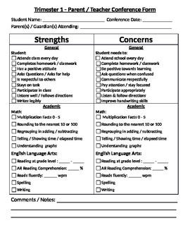 Preview of Parent Teacher Conference Form - Strengths / Concerns EDITABLE