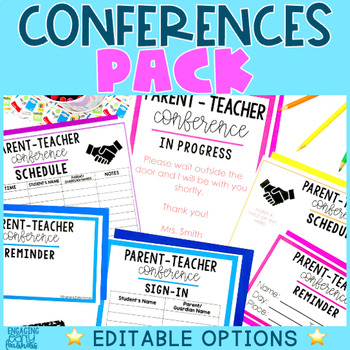 Preview of Parent Teacher Conference BRIGHT Pack | Editable Reminders Signs Schedules Etc.