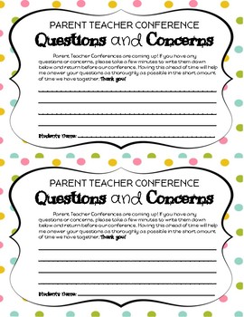 Preview of Parent/Teacher Conference Questions and Concerns