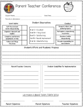 Parent Teacher Conference Sheet by Growing Grit and Giving Grace