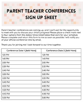 Preview of Parent Teacher Conference Sign Up Sheet