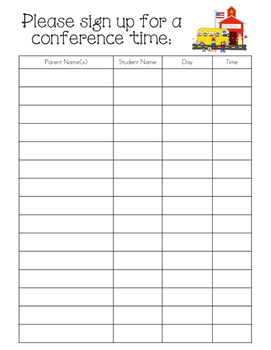 Preview of Parent-Teacher Conference Sign Up Sheet (Blank)