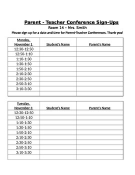 Preview of Parent Teacher Conference Sign Up Sheet - EDITABLE! Back to School Night