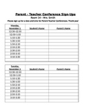 Parent Teacher Conference Sign Up Sheet - EDITABLE! Back t