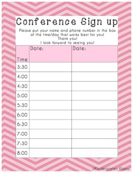 Parent Teacher Conference Sign Up Sheet Pink Chevron by Kindergarten Klassy