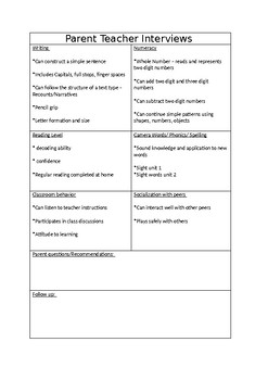 Preview of Parent Teacher Interview Template Year 1