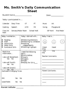 Preview of Parent/Teacher daily communication sheet
